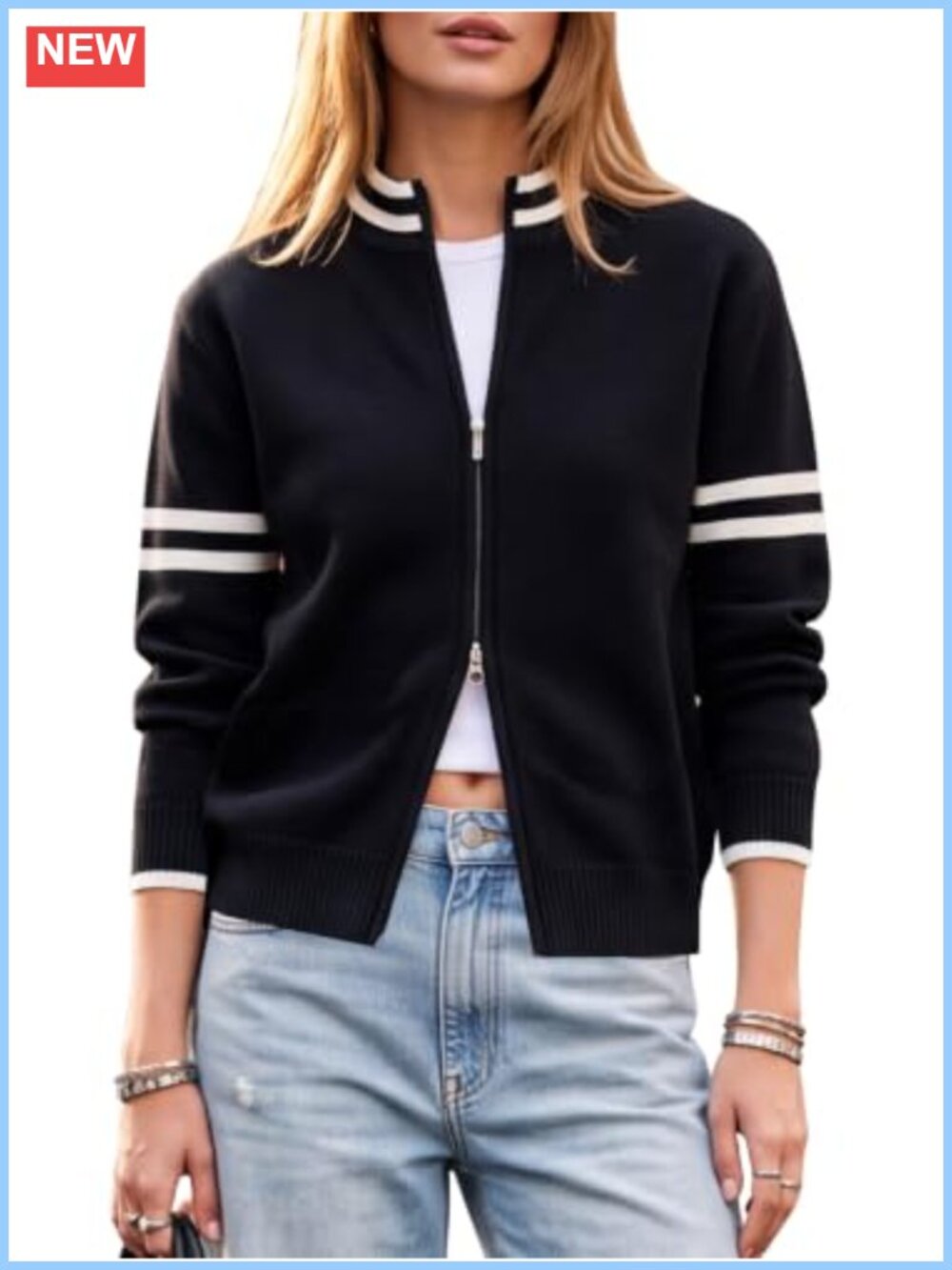 Women Long Sleeve Zip Up Cardigan Sweater Varsity Bomber Jacket